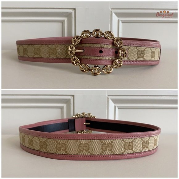 Authentic Gucci Pink Monogram Canvas Leather Gold Chain Buckle Belt Size 80/32 - Picture 5 of 14